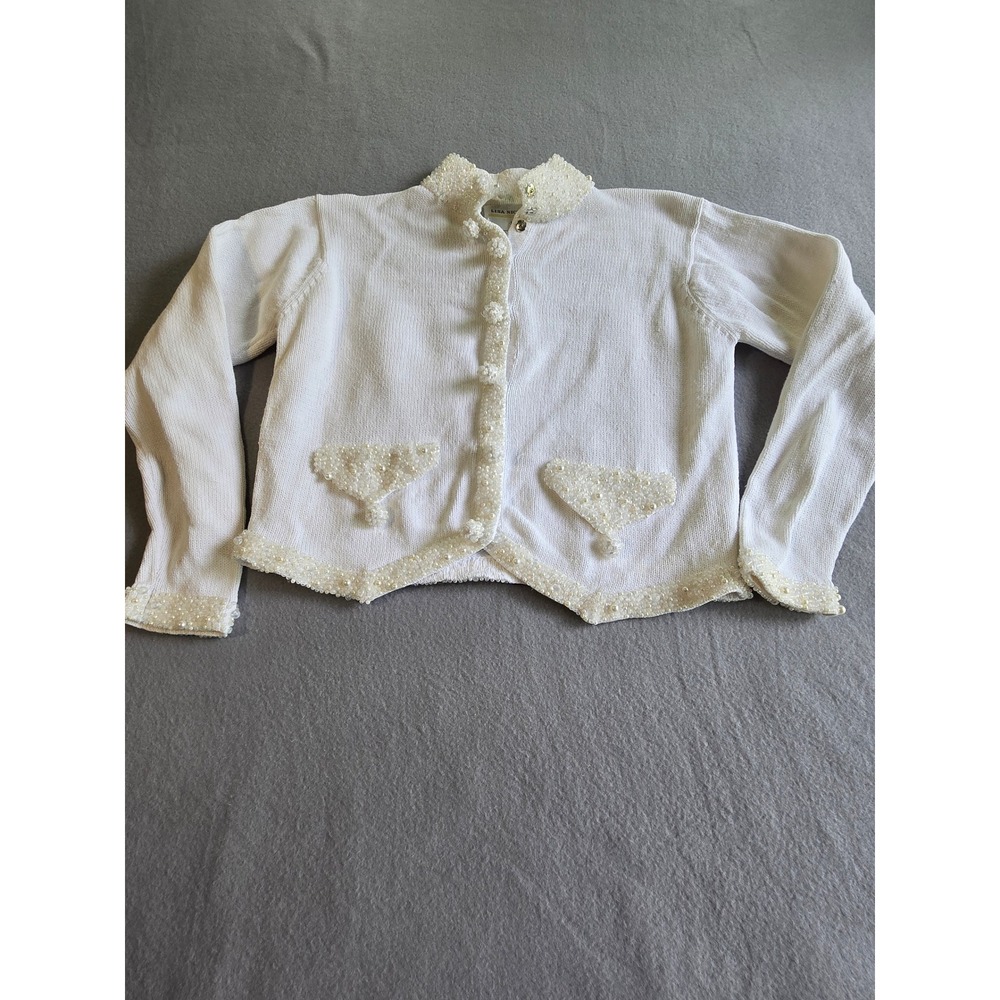 Lisa Nichols Cardigan Womens Medium White Beaded Pearl Embellished Snap Sweater‎